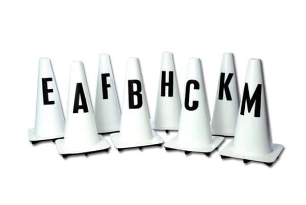 Set of 8 White Dressage Cones (E, A, F, B, H, C, K, M).